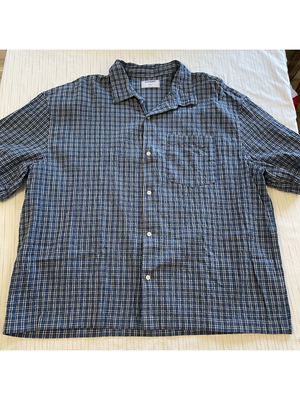 Old Navy Shirt Mens Size XL Plaid Short Sleeve Button Up Regular Fit Blue